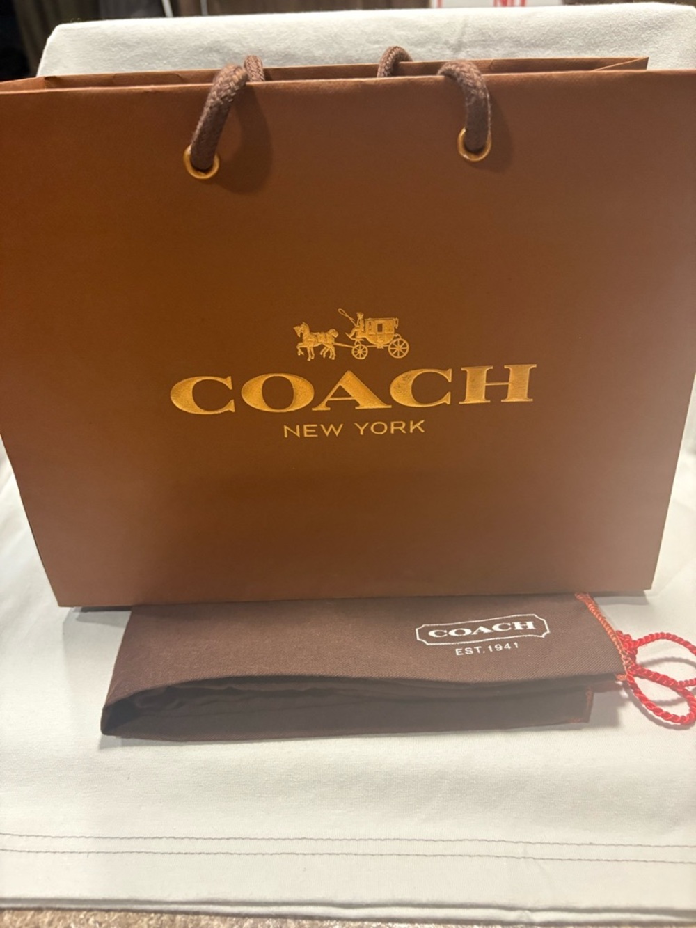 COACH New York Brown Paper Shopping Bag + Brown Dust Bag Bundle